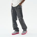 Distressed Embroidered Gothic Logo Denim