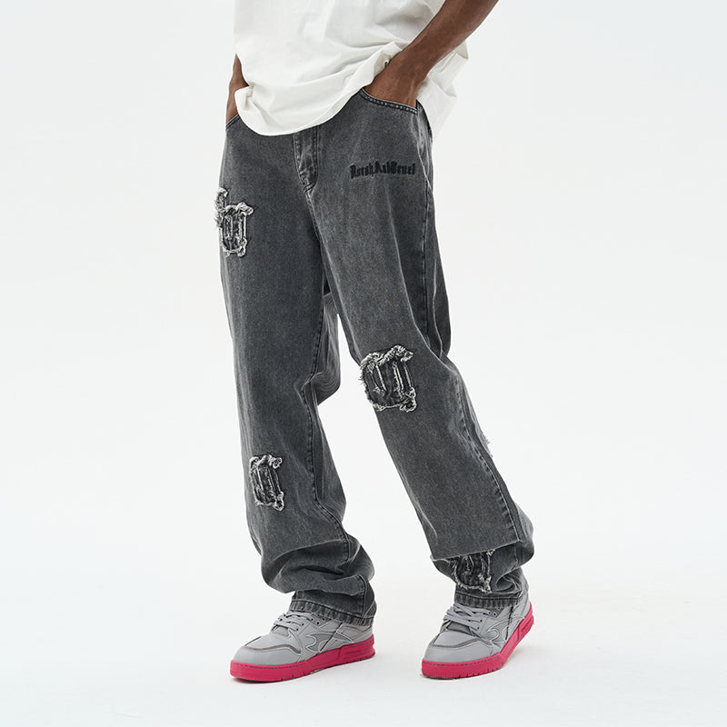 Distressed Embroidered Gothic Logo Denim