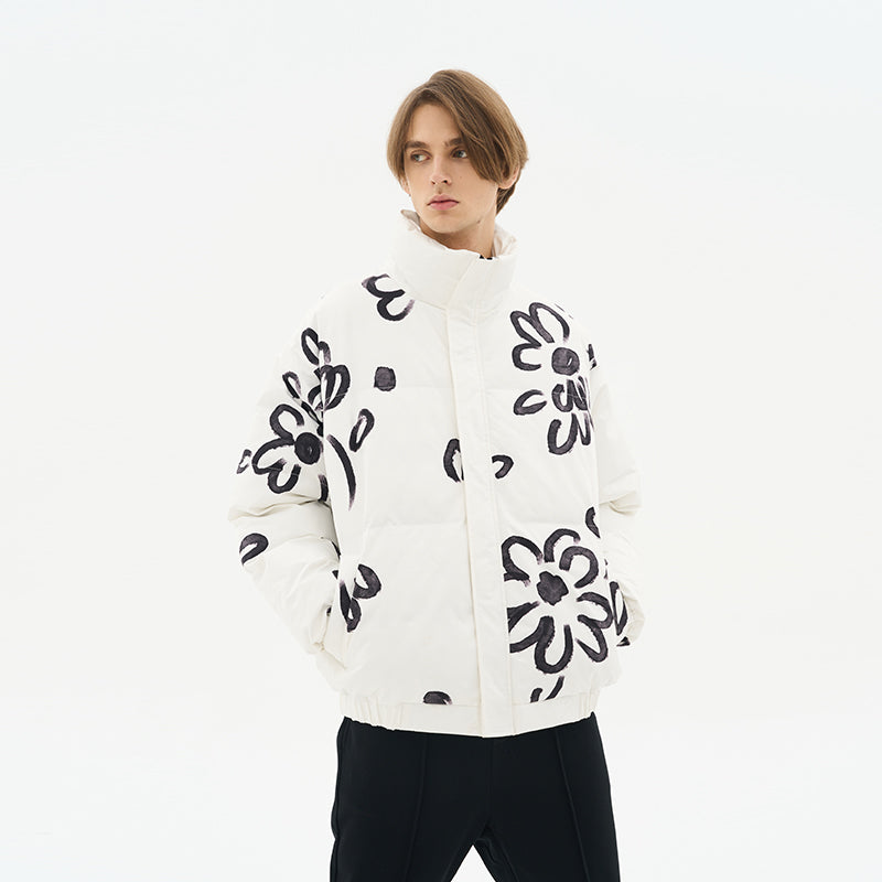 Watercolor Flowers Stand Up Collar Down Jacket
