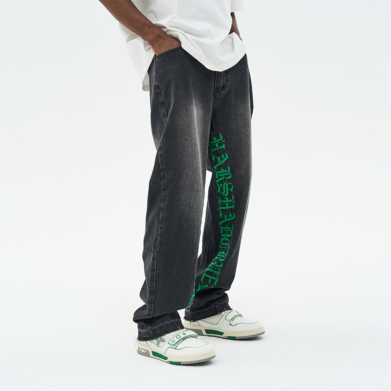 Embroidered Logo Loose Washed Denim