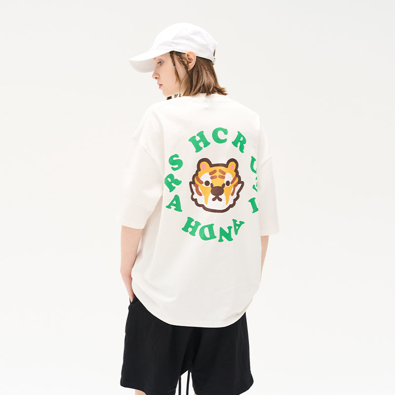 Cartoon Tiger Logo Ring Printed Tee