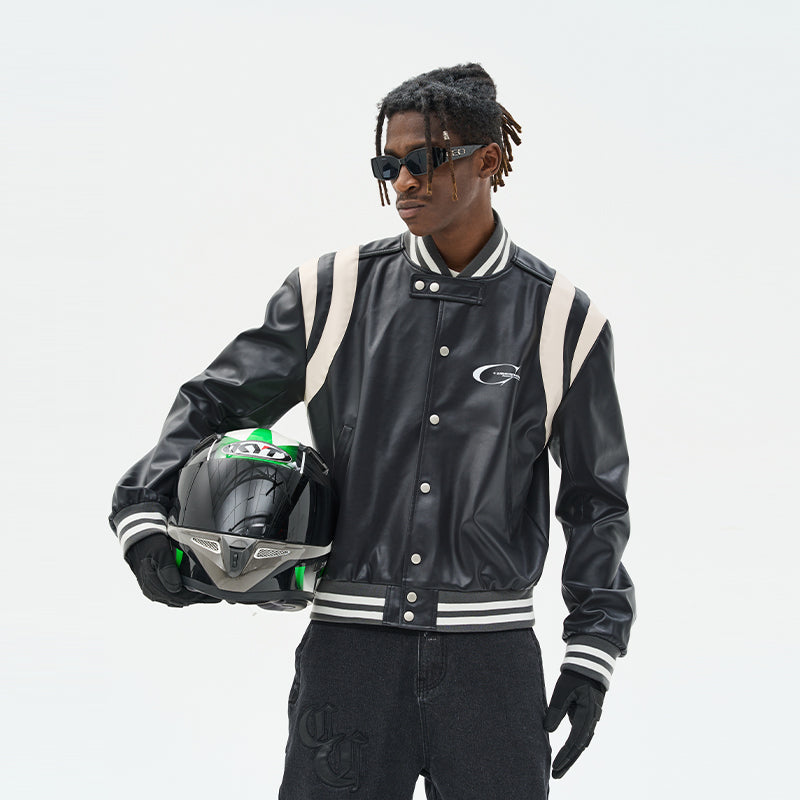 Contrast Panels Faux Leather Jacket