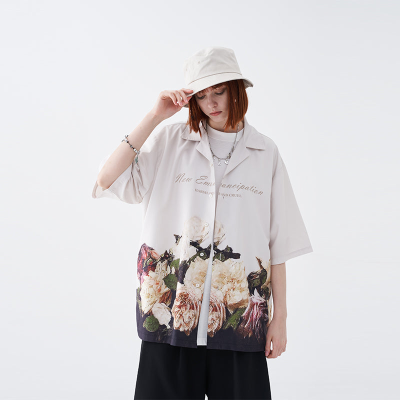 Retro Oil Painting Flowers Cuban Shirt