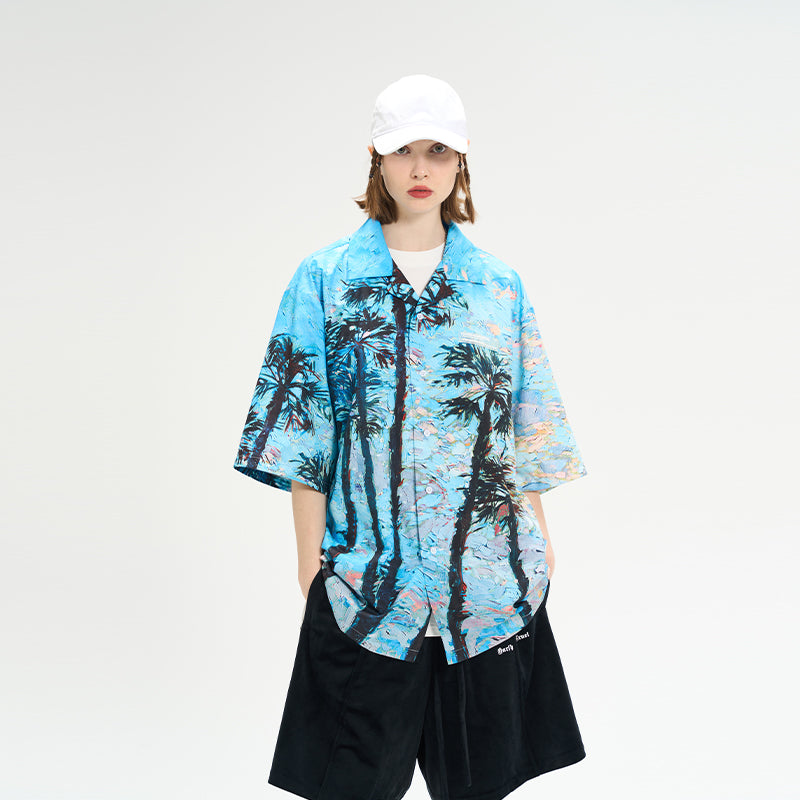 Handpainted Palms Gothic Logo Cuban Shirt