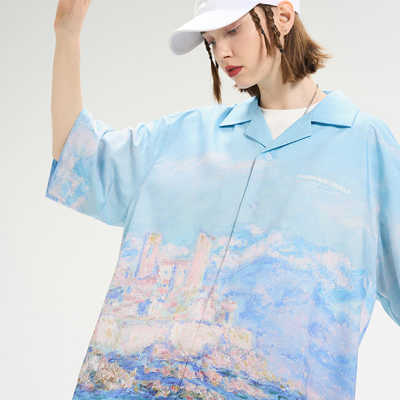 Monet Oil Painting Coast Full Print Cuban Shirt