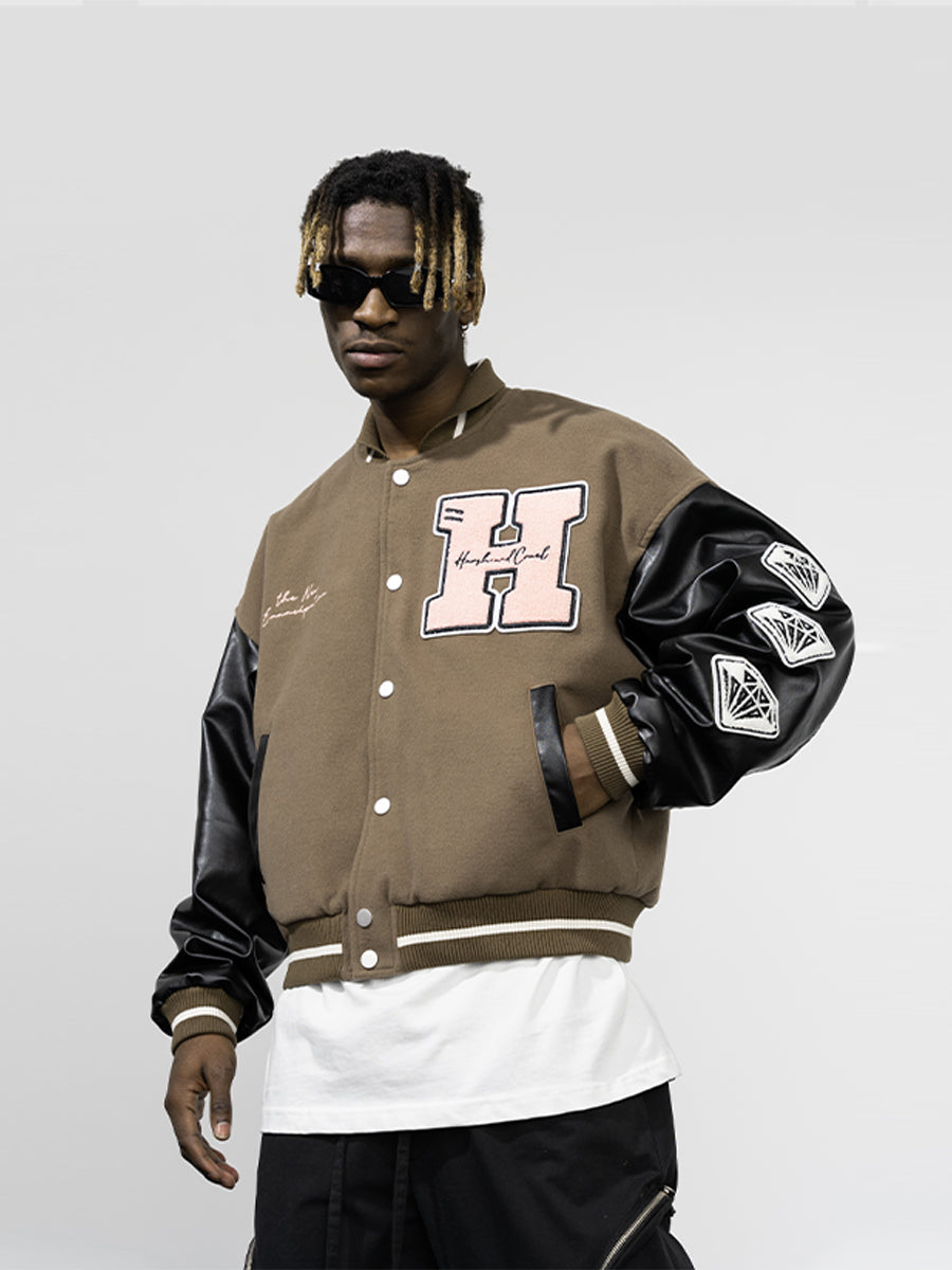 Beige brown varsity jacket front and back view Vector Image