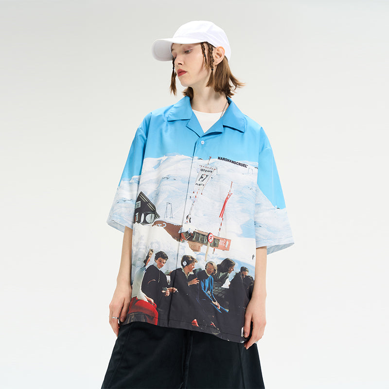 Retro Skiers Full Print Cuban Shirt