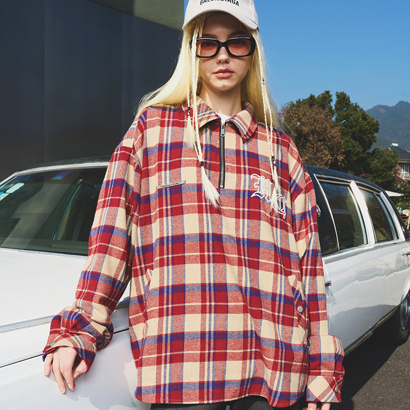 Embroidered Logo Checkered Zipper L/S Shirt