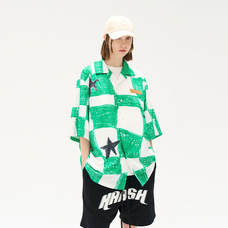 Hand Drawn Checkerboard Full Print Cuban Shirt