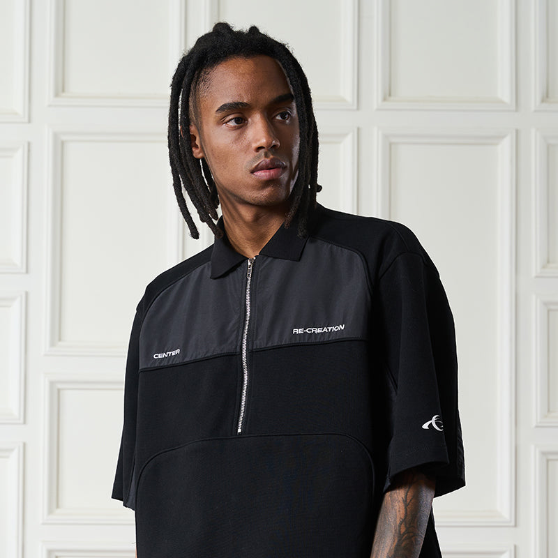 Splicing Embroidered Zipper Polo Shirt