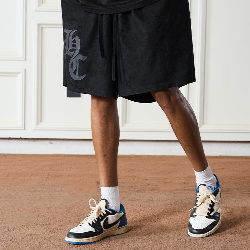 Gothic Logo Suede Shorts
