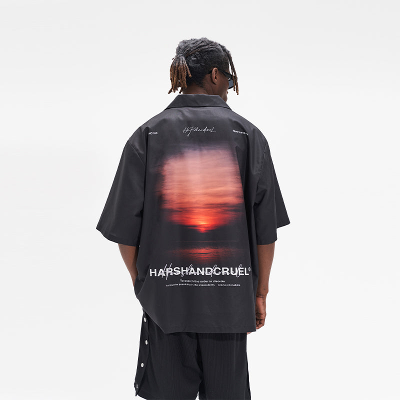 Handpainted logo Sunset Printed Cuban Shirt