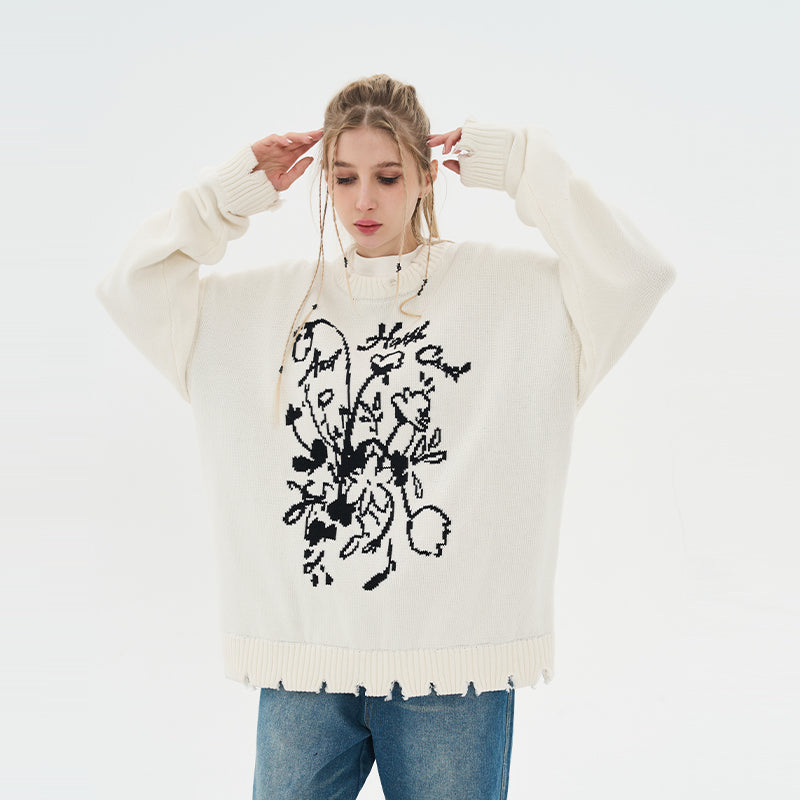 Hand Drawn Flowers Knit Sweater