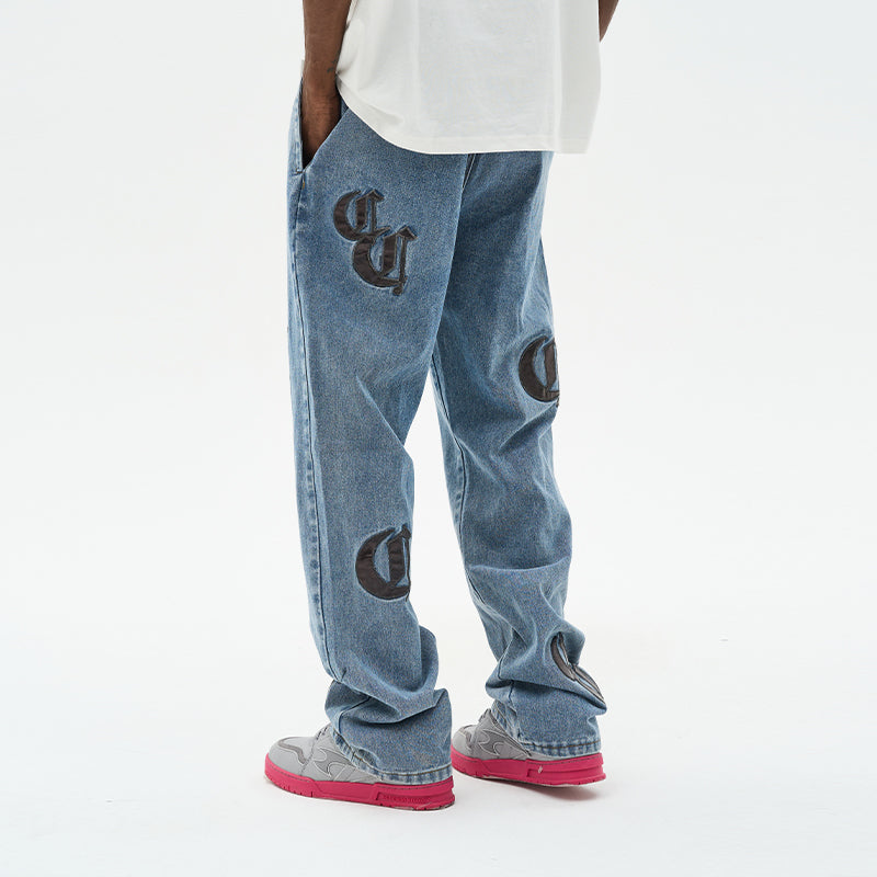 Leather Embroidered Logo Denim