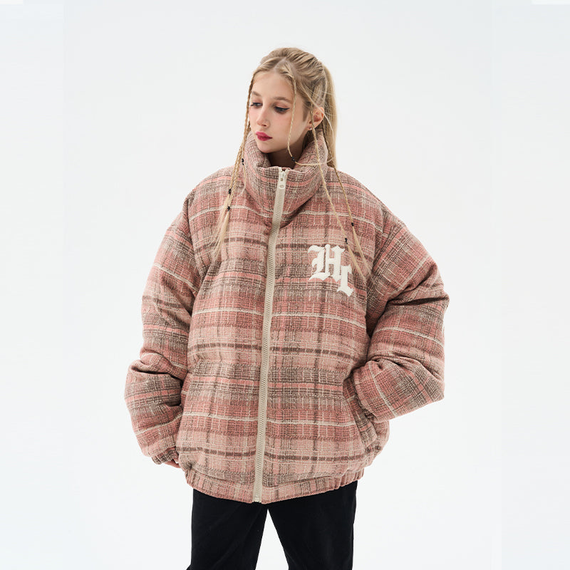 Leather Embroidered Gothic Logo Plaid Down Jacket