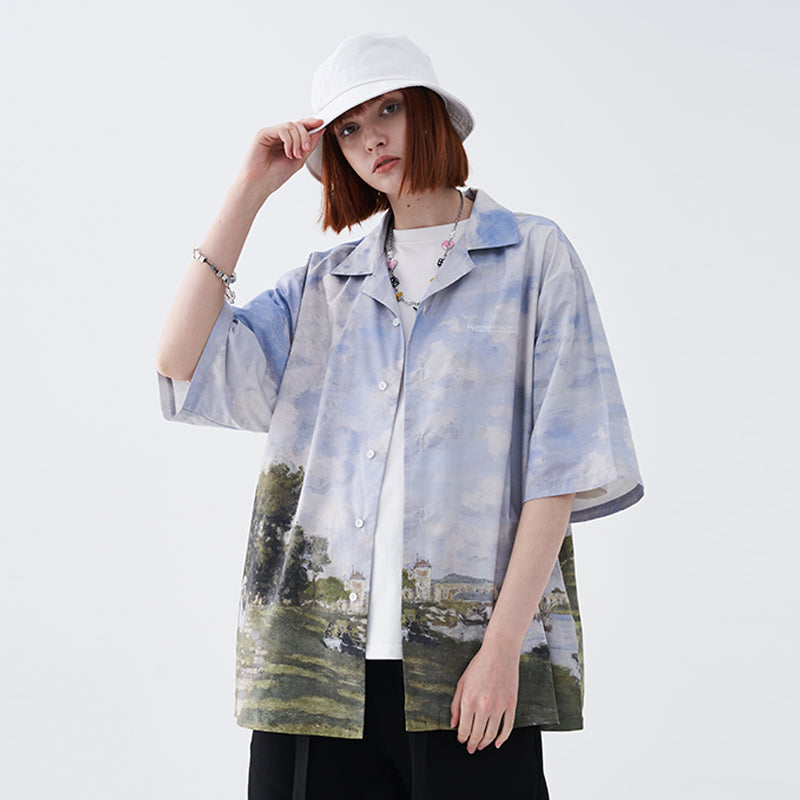 Monet Oil Painting Landscape Cuban Shirt