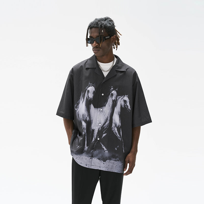 Negative Desert Horses Printed Cuban Shirt