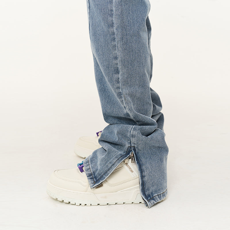 Irregular Stitched Zipper Flared Denim