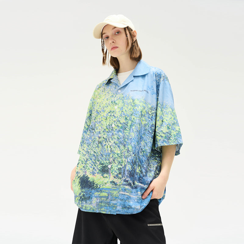 Monet Oil Painting Forest Full Print Cuban Shirt