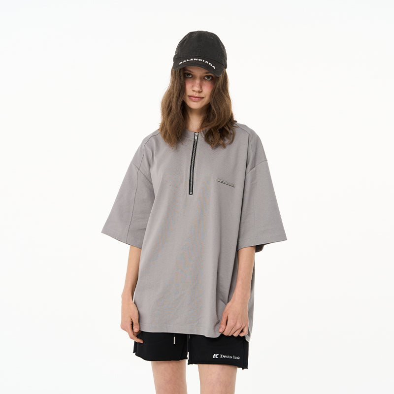 Irregular Round Neck Zipper Tee