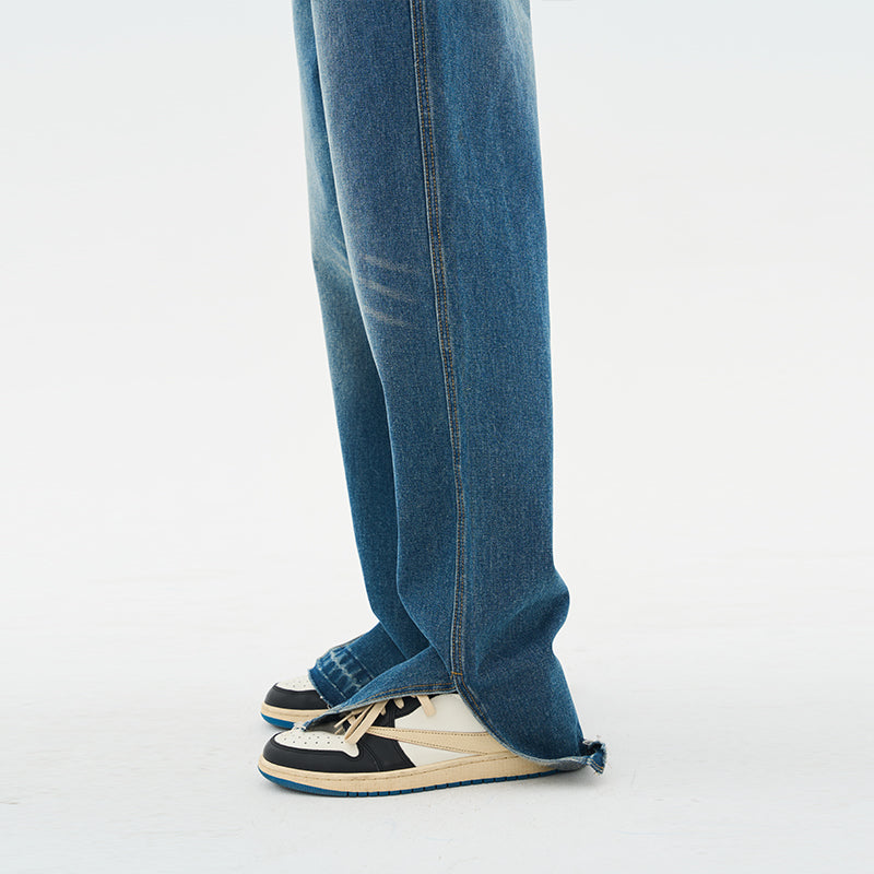 Washed Frayed Straight Denim