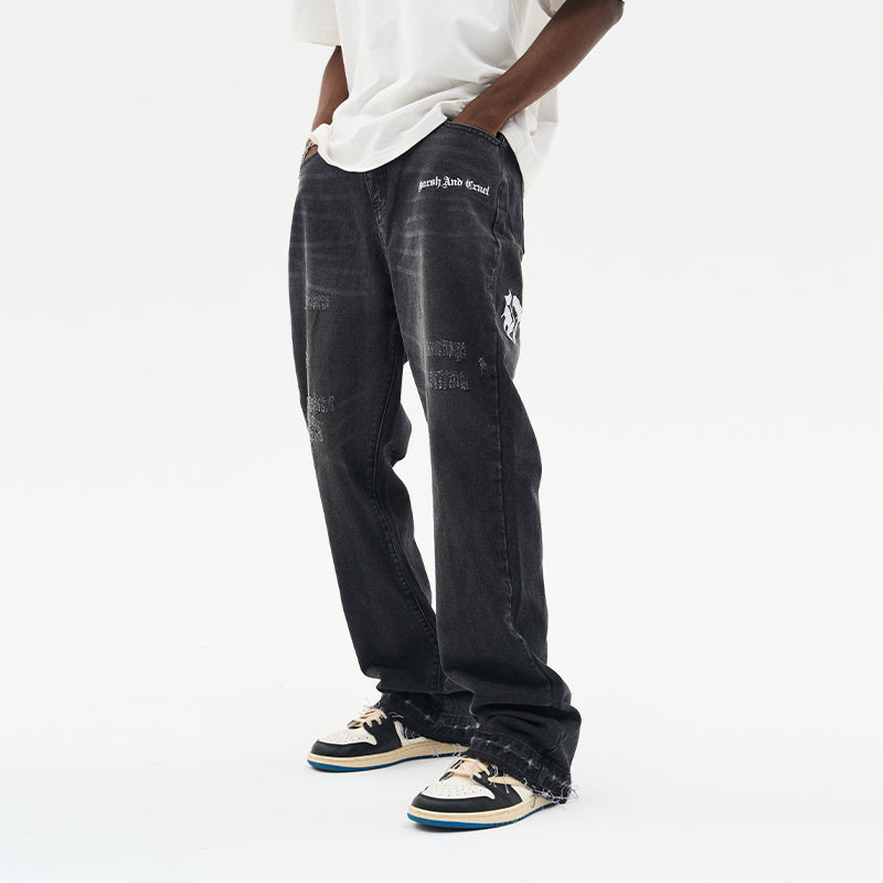 Gothic Logo Embroidered Flared Denim