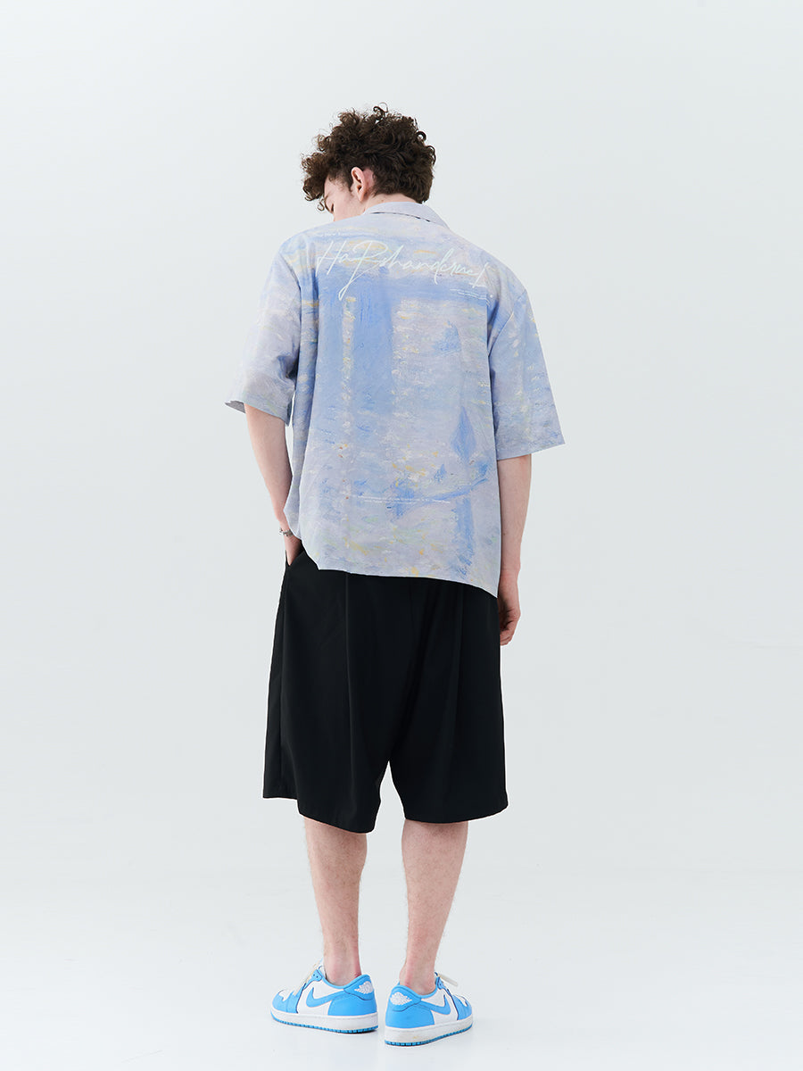 Monet Oil Painting Charing Cross Bridge Cuban Shirt