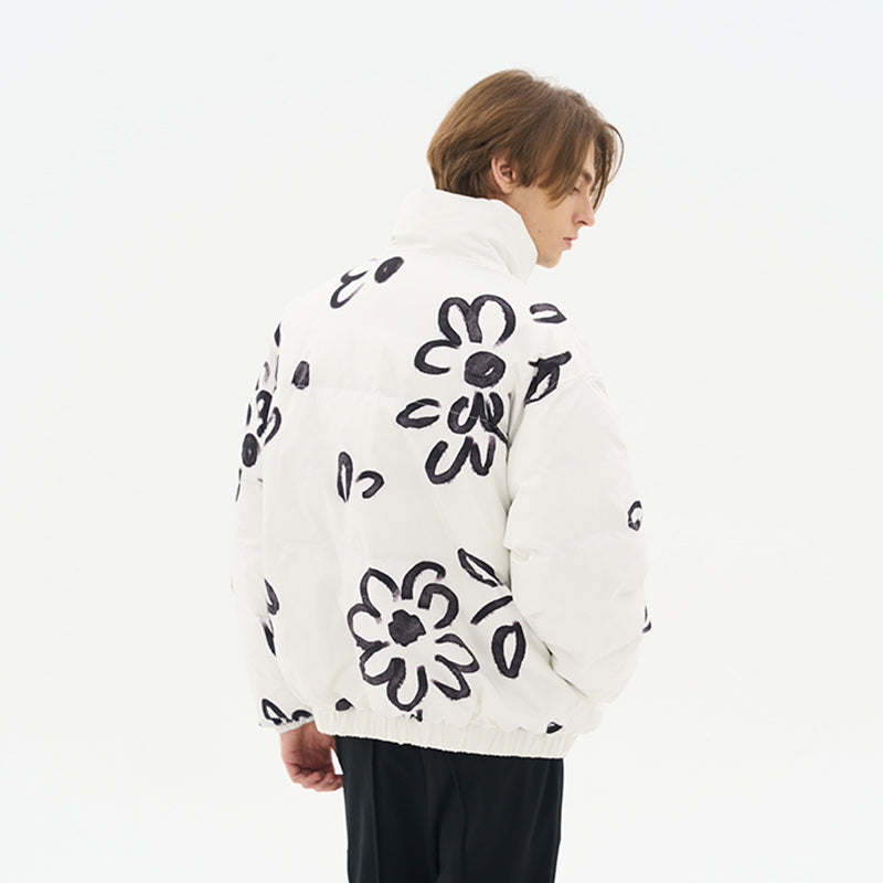 Watercolor Flowers Stand Up Collar Down Jacket