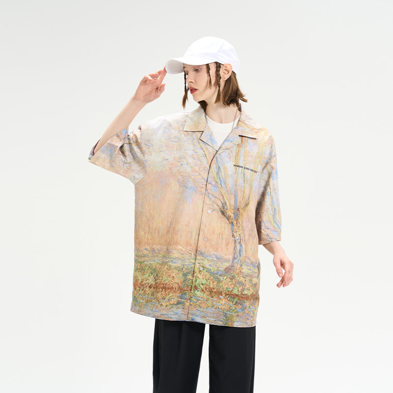 Forest Lake Oil Painting Full Print Cuban Shirt