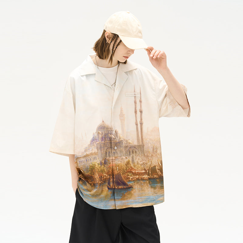 Oil Painting Castle Full Print Cuban Shirt