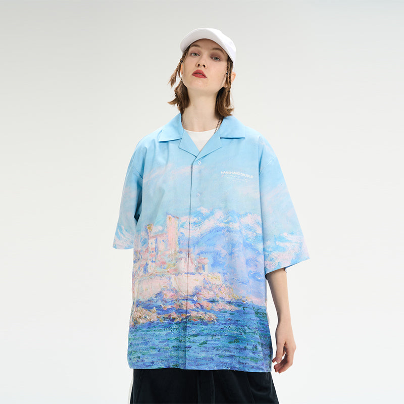 Monet Oil Painting Coast Full Print Cuban Shirt
