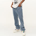 Irregular Stitched Zipper Flared Denim