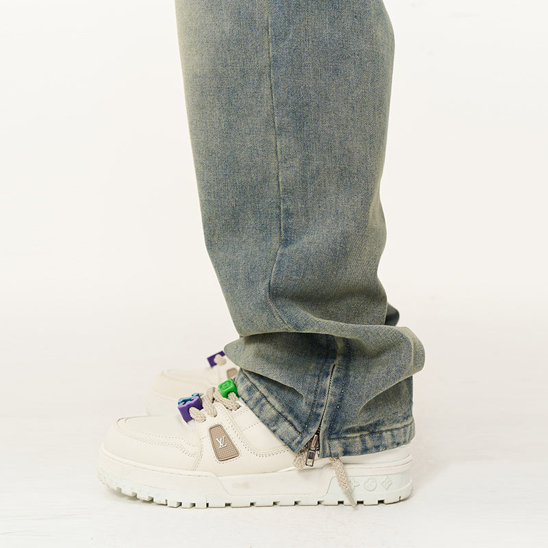 Washed Straight Zipper Flared Denim