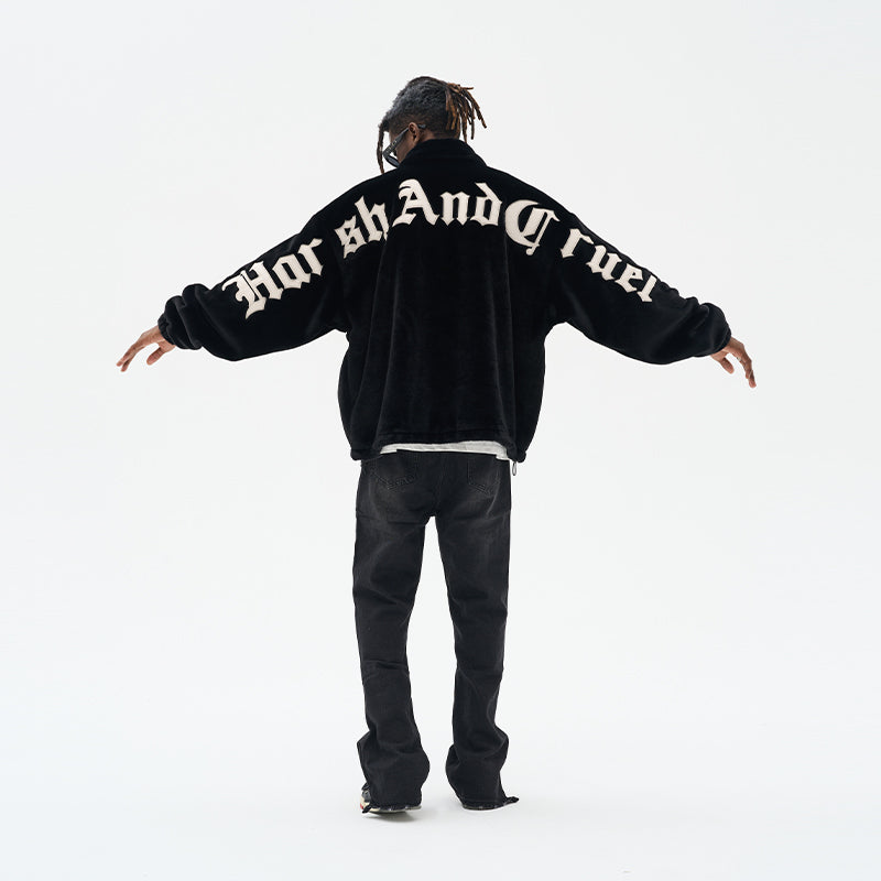 Embroidered Logo Faux Fur Jacket