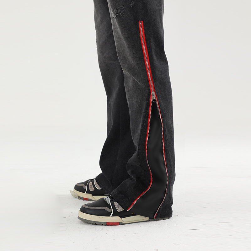 Leather Panel Flared Denim