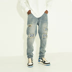 Distressed Flower Print Distressed Loose Denim