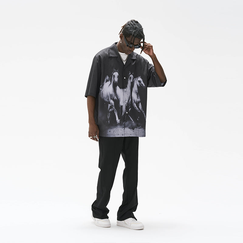 Negative Desert Horses Printed Cuban Shirt
