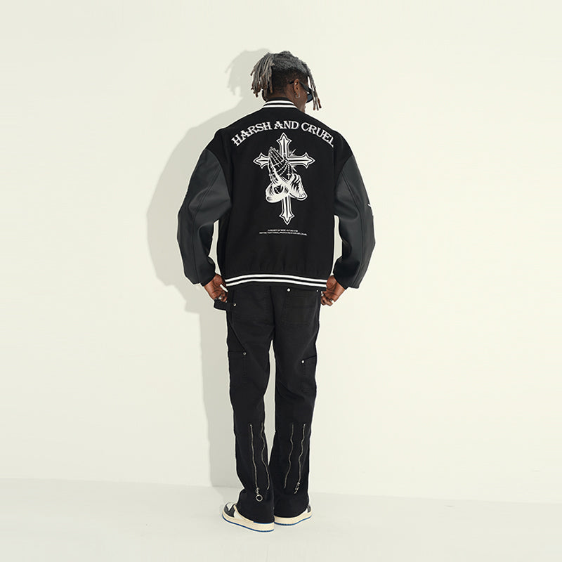 Religious Cross Embroidered Varsity Jacket