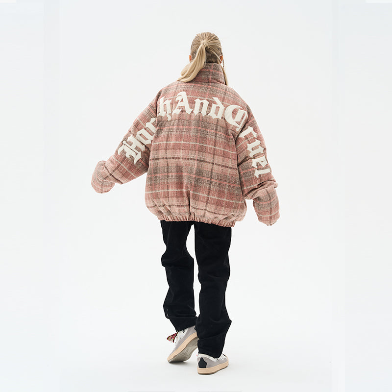 Leather Embroidered Gothic Logo Plaid Down Jacket