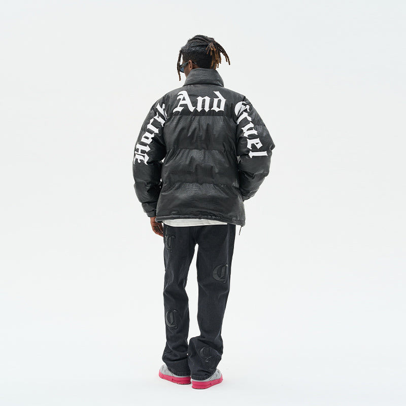 Faux Crocodile Leather Gothic Logo Down Jacket