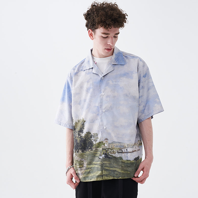 Monet Oil Painting Landscape Cuban Shirt