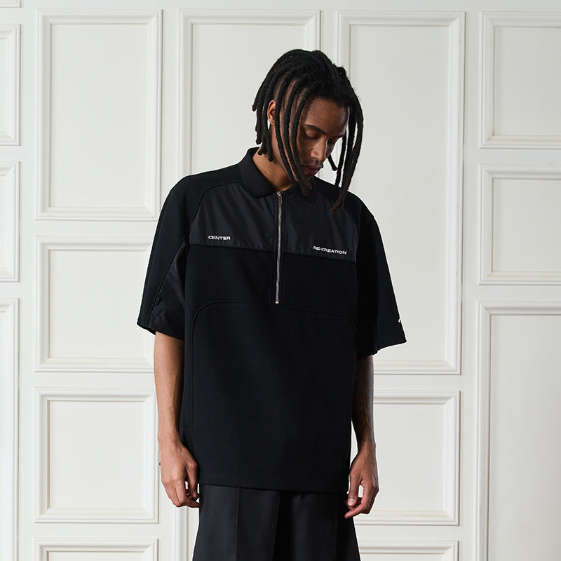 Splicing Embroidered Zipper Polo Shirt