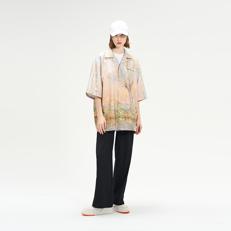 Forest Lake Oil Painting Full Print Cuban Shirt