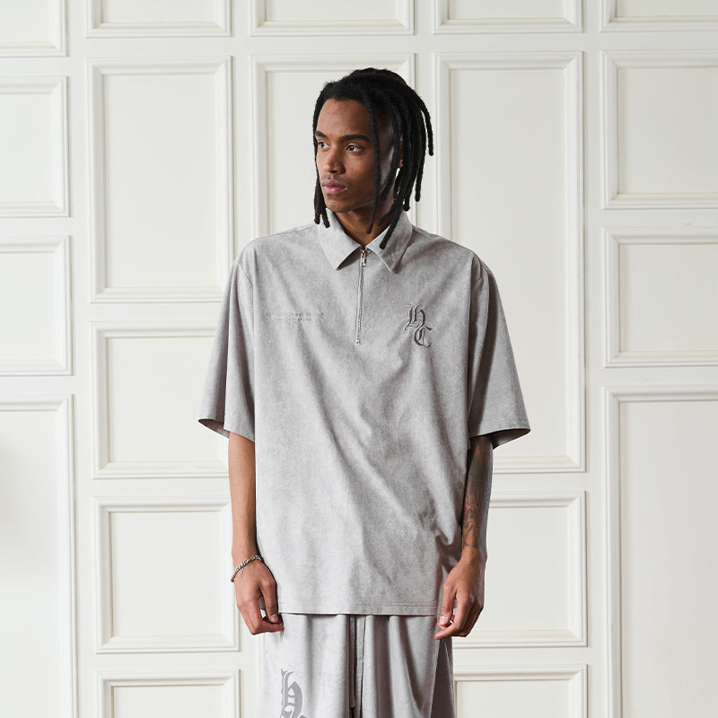 Embossed Gothic Logo Zipper Suede Polo Shirt