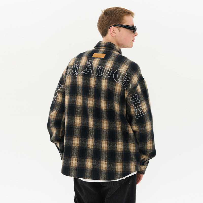 Embroidered Logo Checkered Zipper L/S Shirt