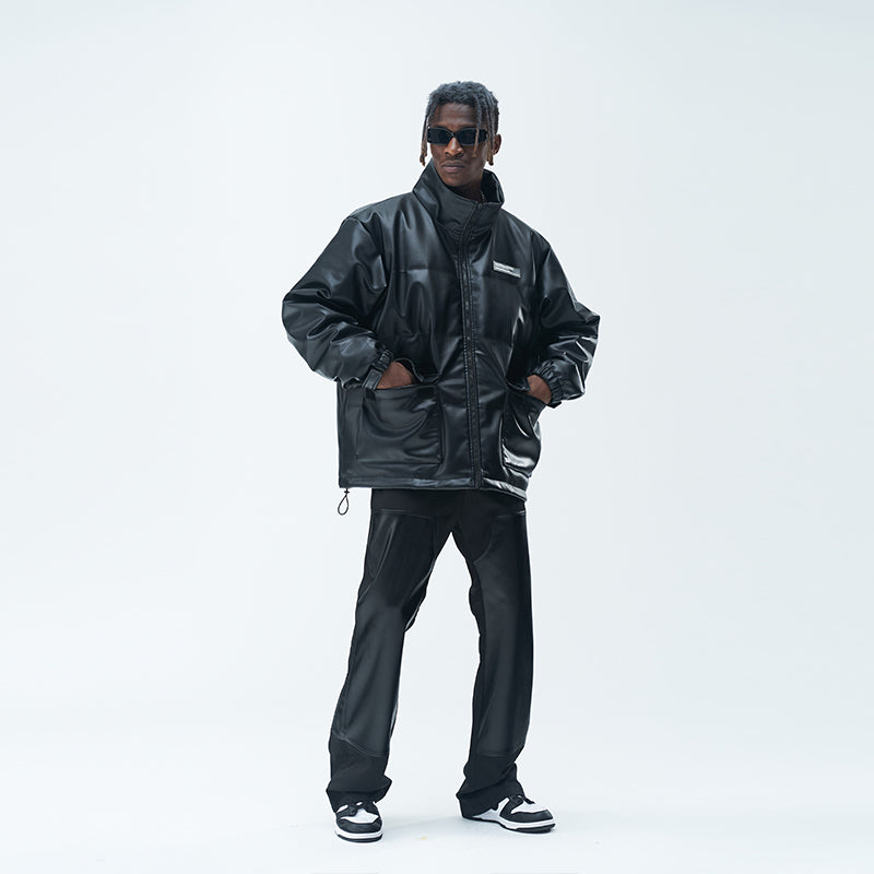 Handwriting Logo Leather Down Jacket