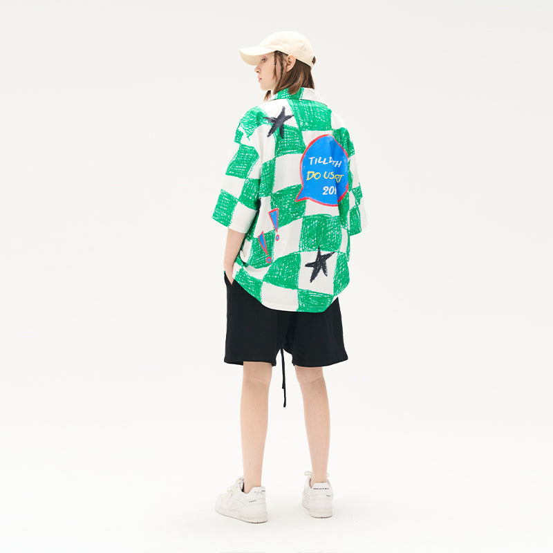 Hand Drawn Checkerboard Full Print Cuban Shirt