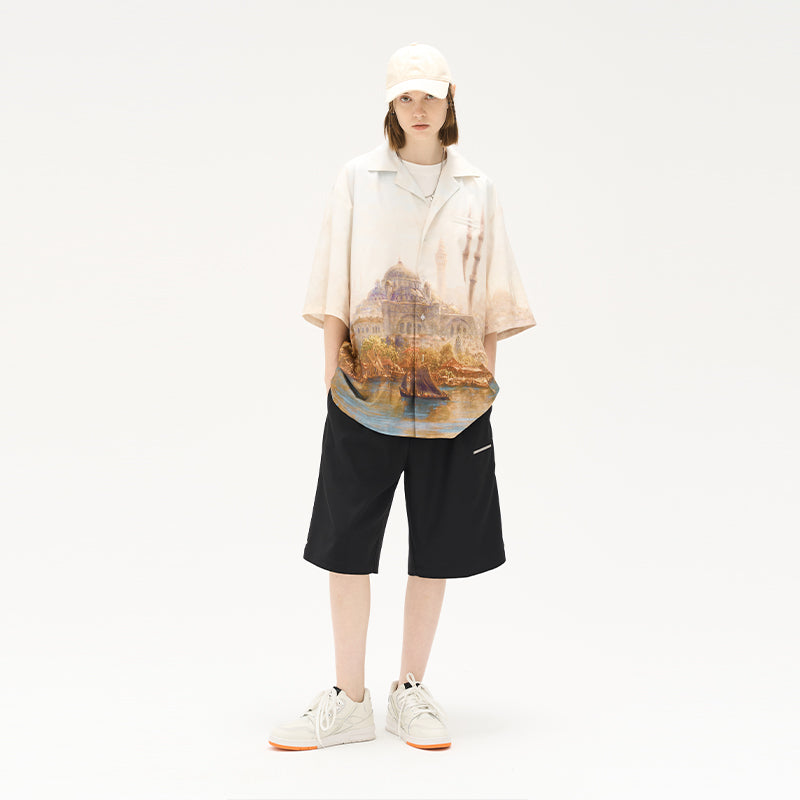 Oil Painting Castle Full Print Cuban Shirt