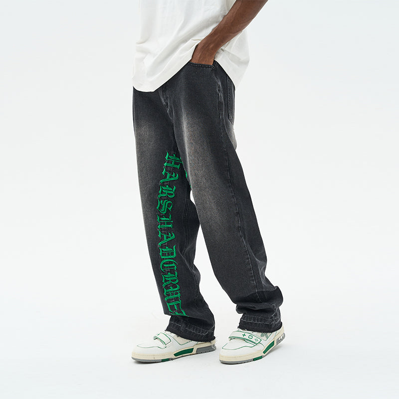 Embroidered Logo Loose Washed Denim