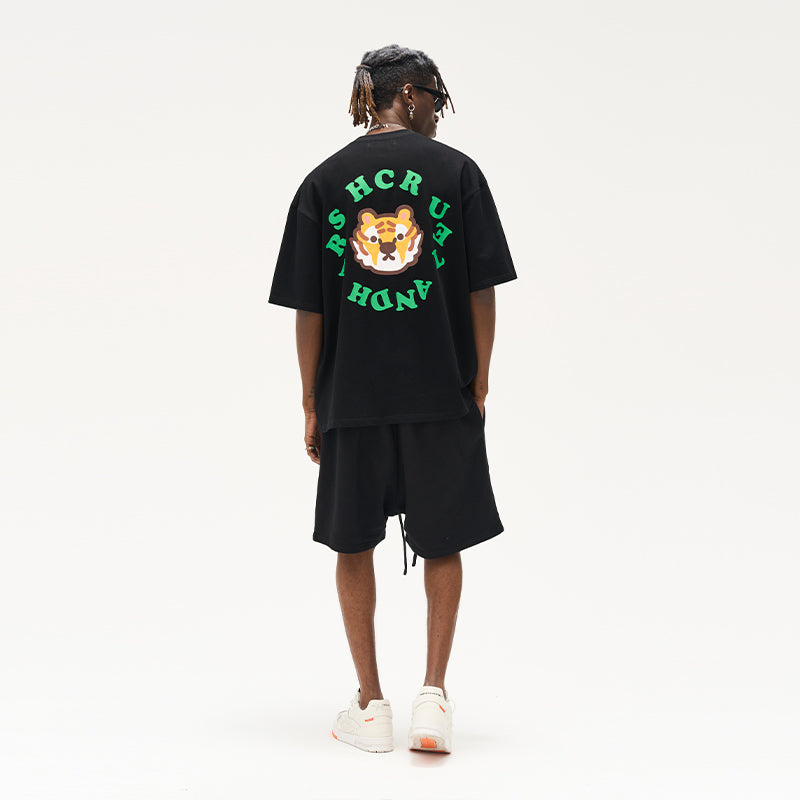 Cartoon Tiger Logo Ring Printed Tee